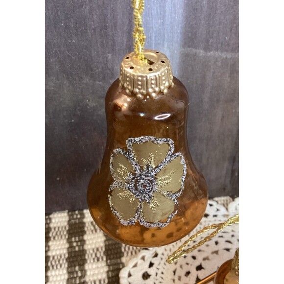 Vintage Blown Glass Bell Christmas Ornaments West Germany Brown & Gold Glitter - Picture 4 of 16